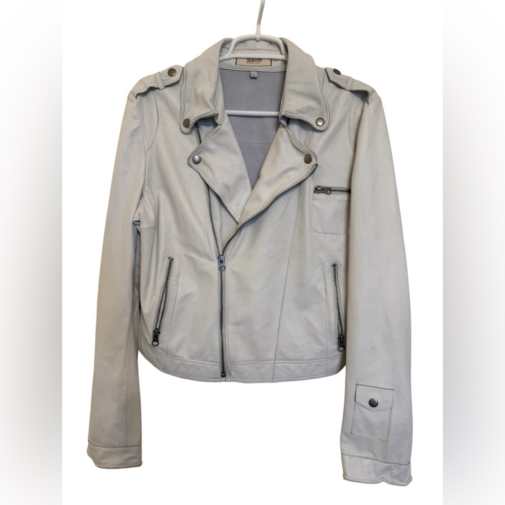 Jakett - New York Moto Jacket Women’s L 100% Genuine Leather Light Gray Asym Zip